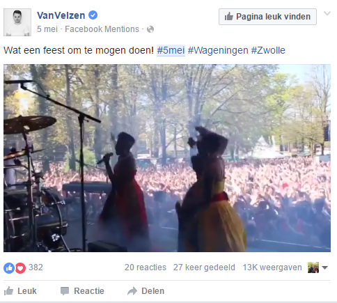 Image 10. A post from Van Velzen (a well-known singer who was also a judge on the tv-shows ‘The Voice of Holland’ and ‘the X-factor’), expressing that it is very festive (read as: an honour) to play at two of the state supported freedom festivals (commemorating the liberation of the Netherlands in 1945).