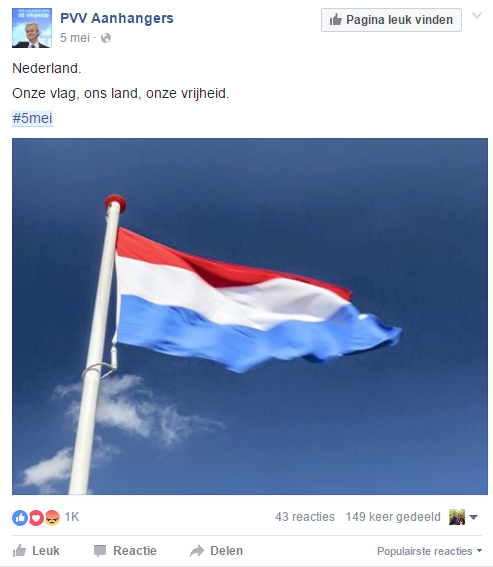 Image 13. Post by self-proclaimed PVV supporters (referring to the Party for Freedom Movement of populist politician Geert Wilders) “The Netherlands. Our flag, our country, our freedom.”