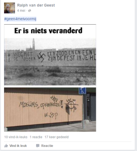 Image 3. This Facebook post “Nothing has changed”, compares discrimination of Jews in the Second World War with hate speech towards Muslims in the Netherlands. Both murals call for religious communities to go away, first the Jews (upper picture), then the Muslims (lower picture).