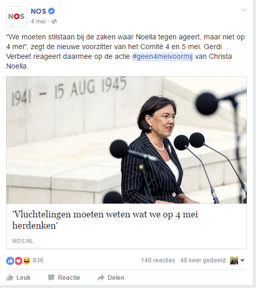 Image 7. A post by the national broadcaster summarising the reaction of Gerdi Verbeet, (president of the 4 and 5 May National Remembrance Committee) to the post by Christa Noëlla.