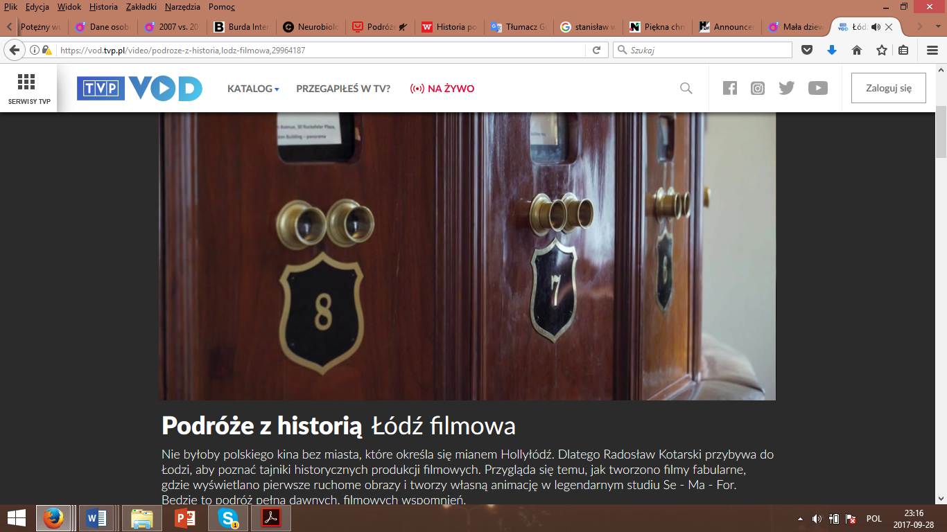 A print screen from the site with the episode Łódź filmowa (Łódź, city of the movies) of the series Podróże z historią (Traveling with history) broadcast during Saturday, May 6, 2017.